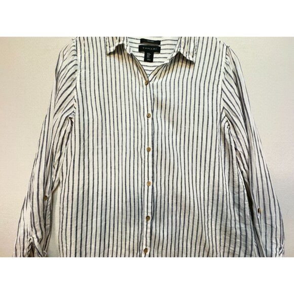 Tahari Womens Stripe Linen Button-Up Shirt Size M Blue White Casual Workwear - Picture 4 of 13
